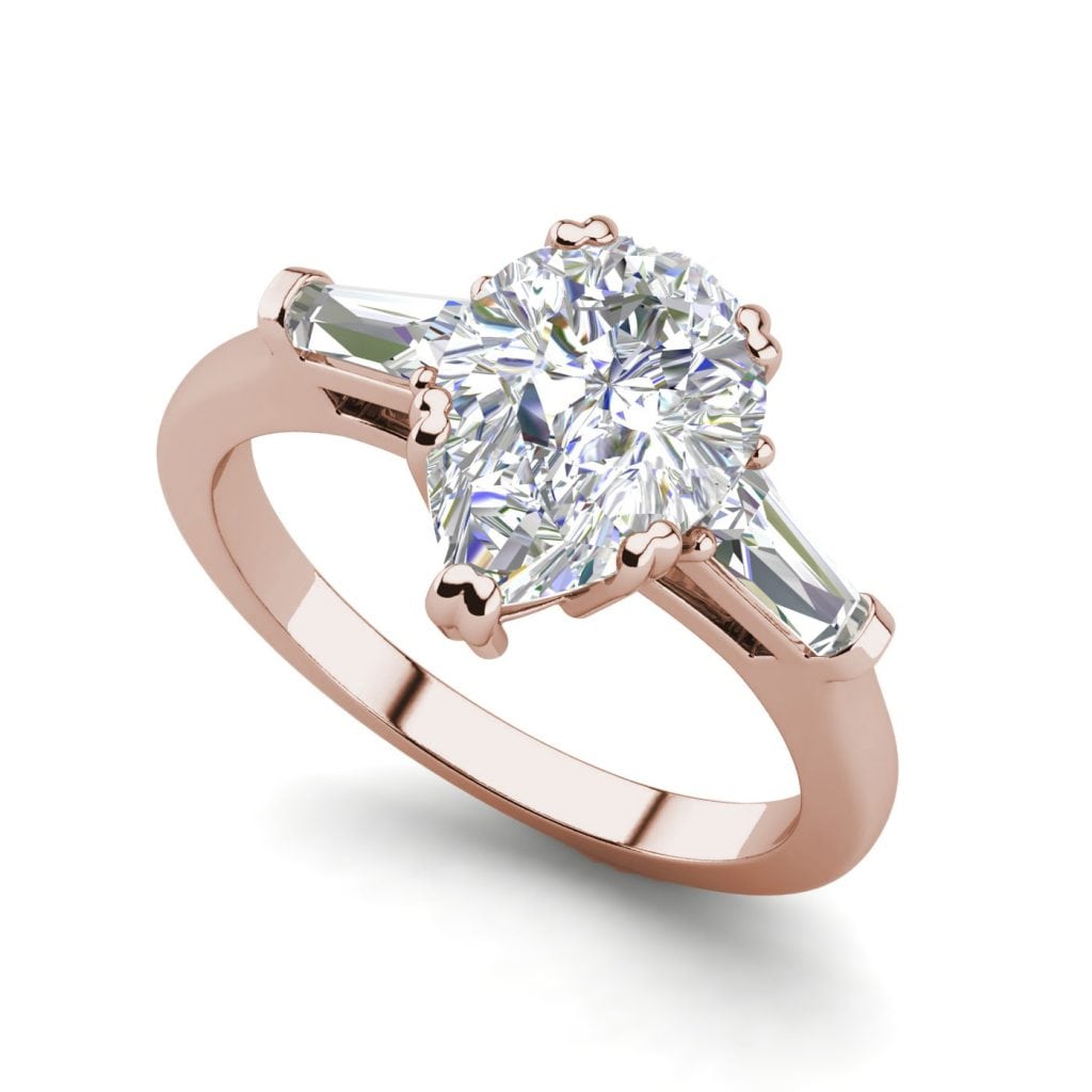 Baguette Accents 1.25 Ct VS2 Clarity F Color Pear Cut Diamond Engagement Ring Rose Gold