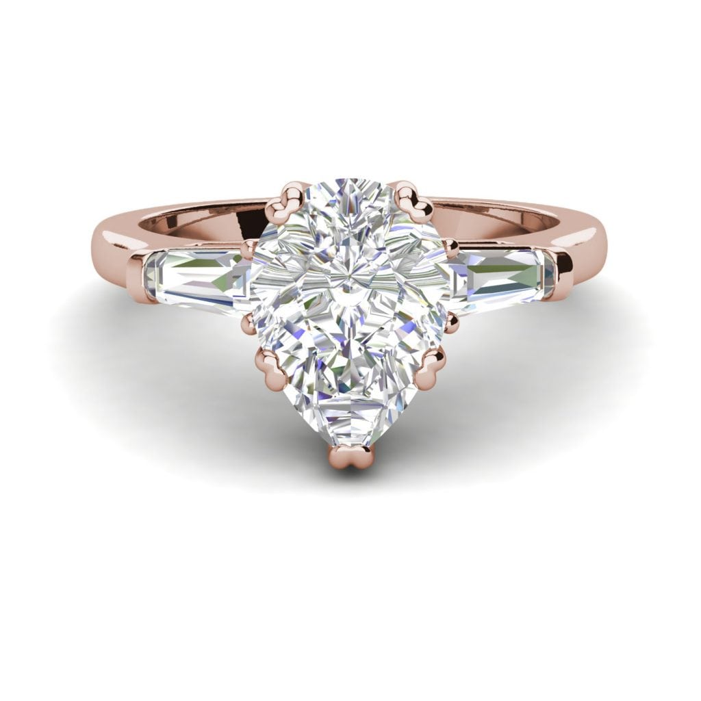 Baguette Accents 1.25 Ct VVS2 Clarity F Color Pear Cut Diamond Engagement Ring Rose Gold 3