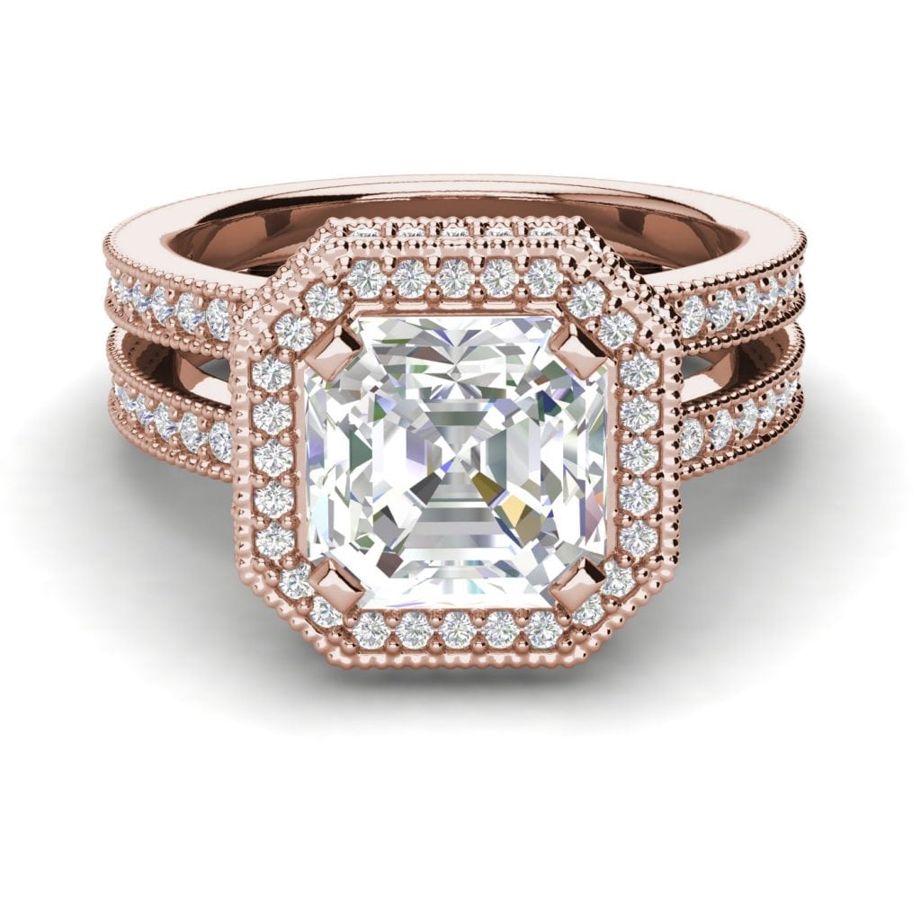 Split Shank Pave 2.15 Carat SI1 Clarity F Color Asscher Cut Diamond Engagement Ring Rose Gold 3