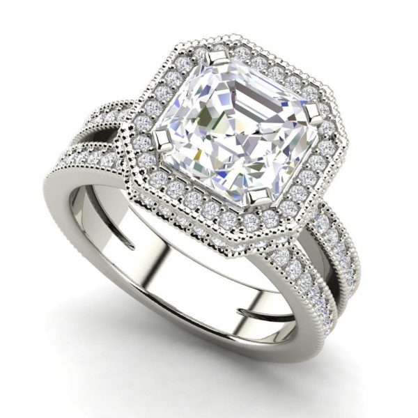 Split Shank Pave 3 Carat VVS1 Clarity D Color Asscher Cut Diamond Engagement Ring White Gold