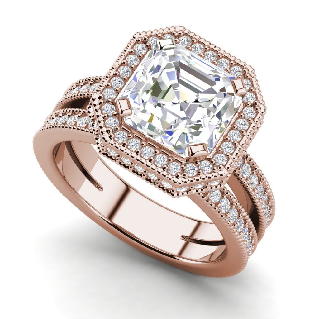 Split Shank Pave 4 Carat VS2 Clarity H Color Asscher Cut Diamond Engagement Ring Rose Gold