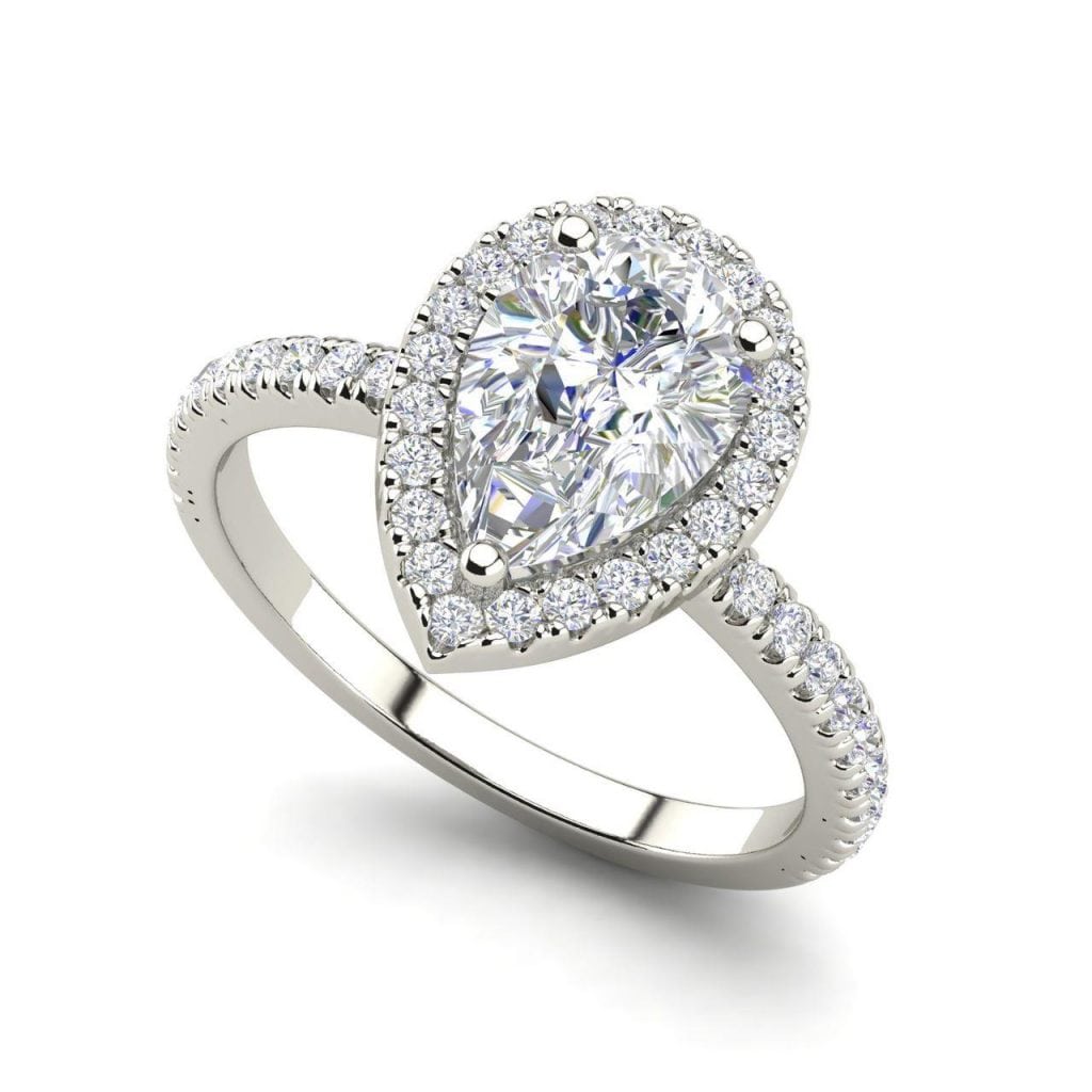 Pave Halo 2.2 Carat SI1 Clarity F Color Pear Cut Diamond Engagement Ring White Gold