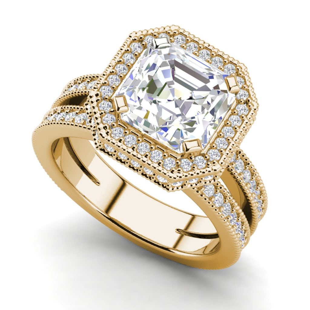 Split Shank 2.15 Carat SI1 Clarity F Color Asscher Cut Diamond Engagement Ring Yellow Gold