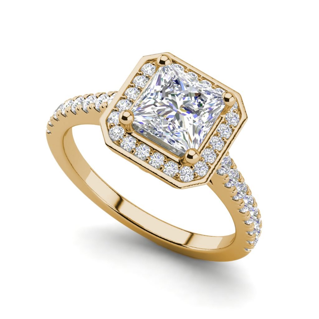 Halo Pave 0.95 Carat VS2 Clarity H Color Princess Cut Diamond Engagement Ring Yellow Gold