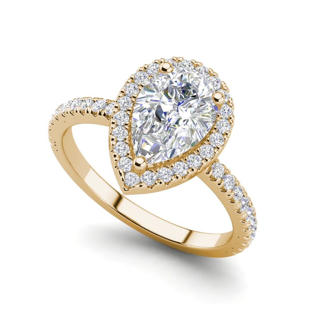 Pave Halo 2.2 Carat SI1 Clarity F Color Pear Cut Diamond Engagement Ring Yellow Gold