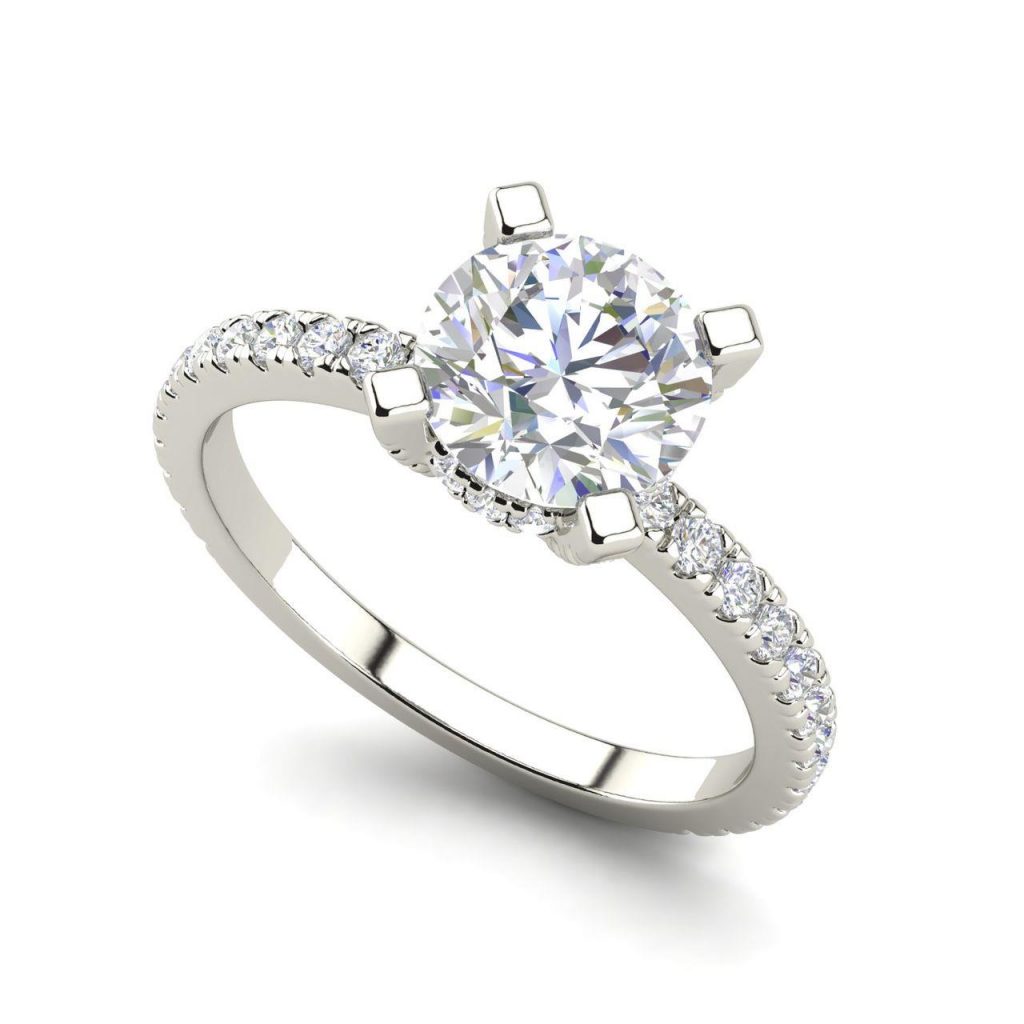 French Pave 0.75 Carat Round Cut White Gold Diamond Engagement Ring