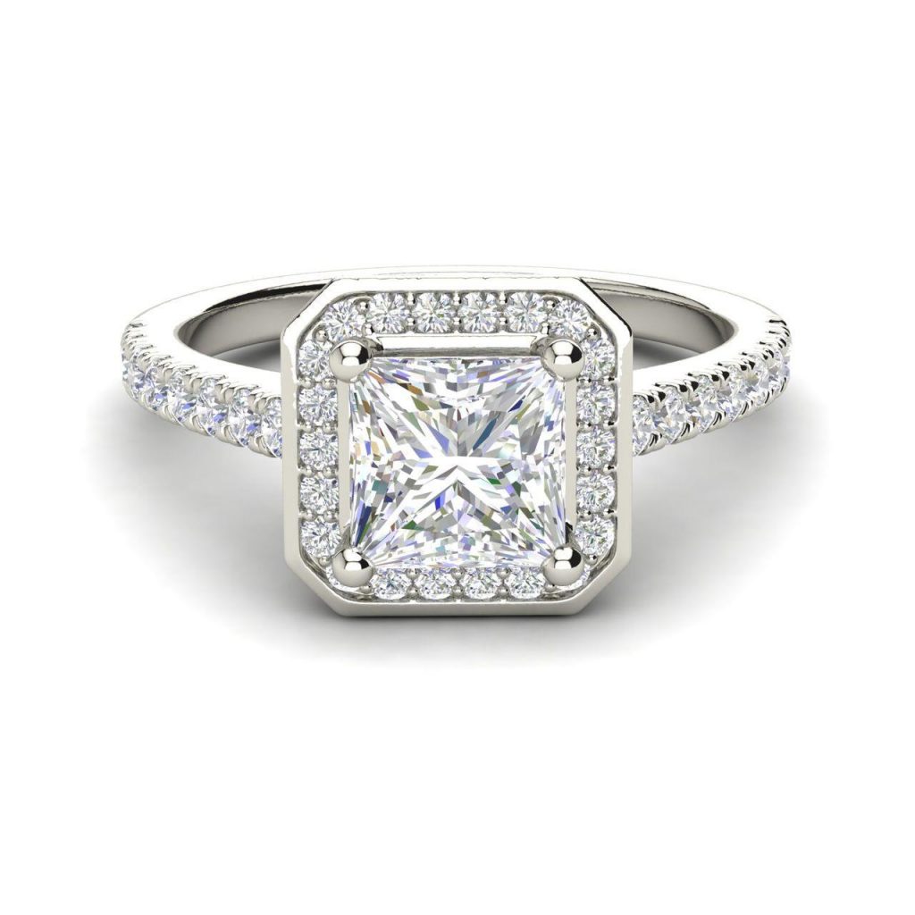Halo Pave 0.95 Carat Princess Cut Diamond Engagement Ring White Gold
