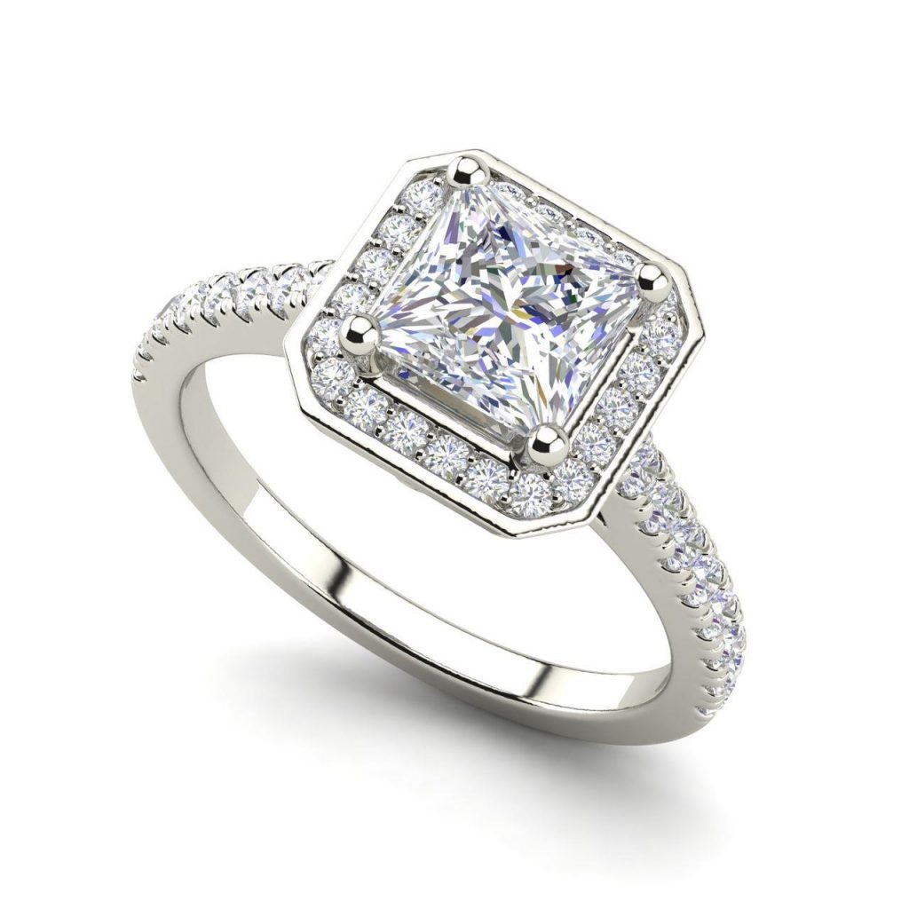 Halo Pave 0.95 Carat Princess Cut Diamond Ring White Gold