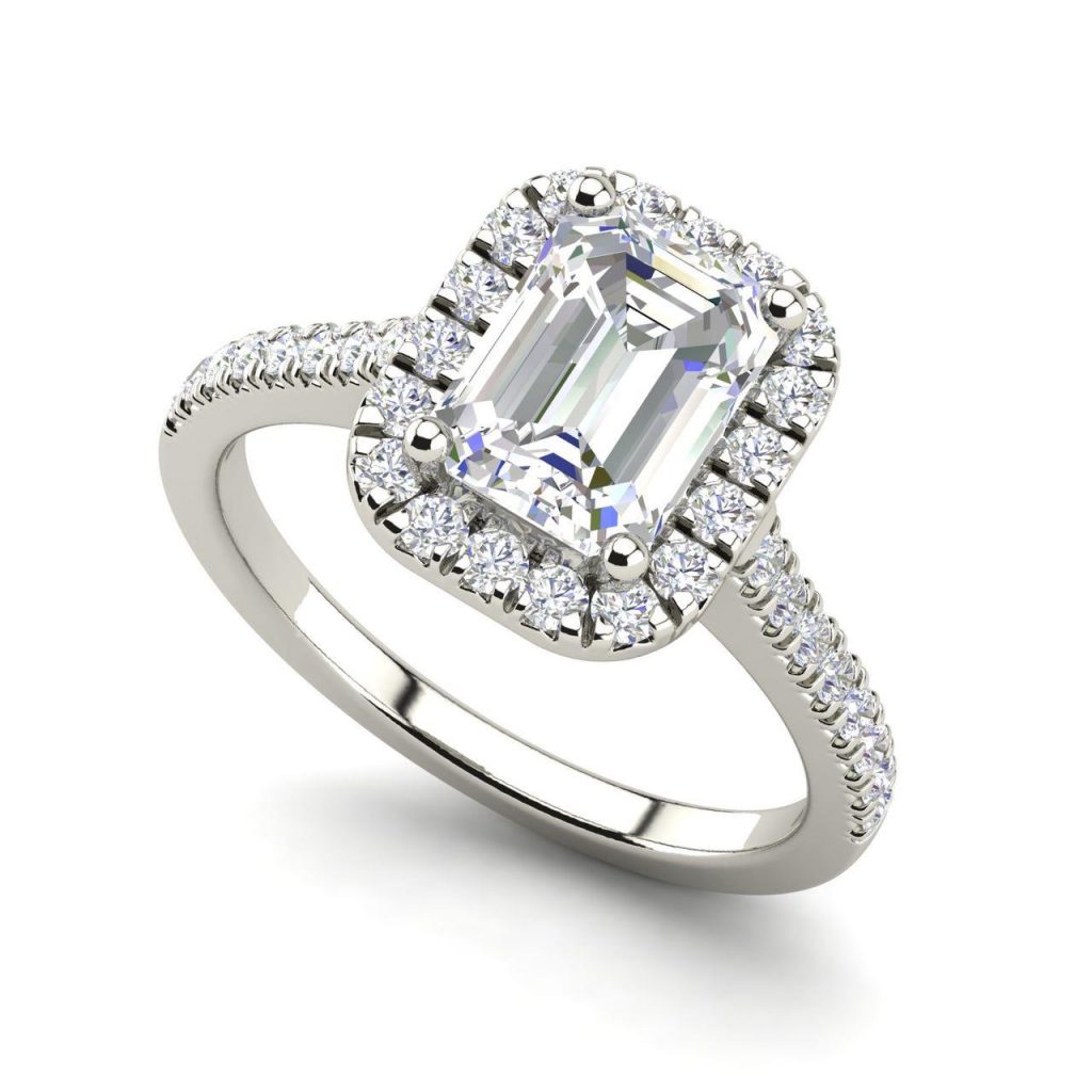Halo Pave 1.6 Carat Emerald Cut Diamond Engagement Ring