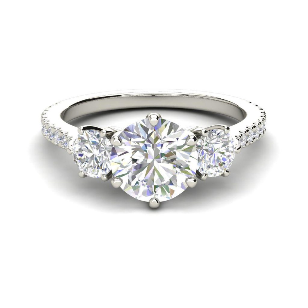 Pave 3 Stone 1.25 Carat Round Cut Diamond Engagement Ring