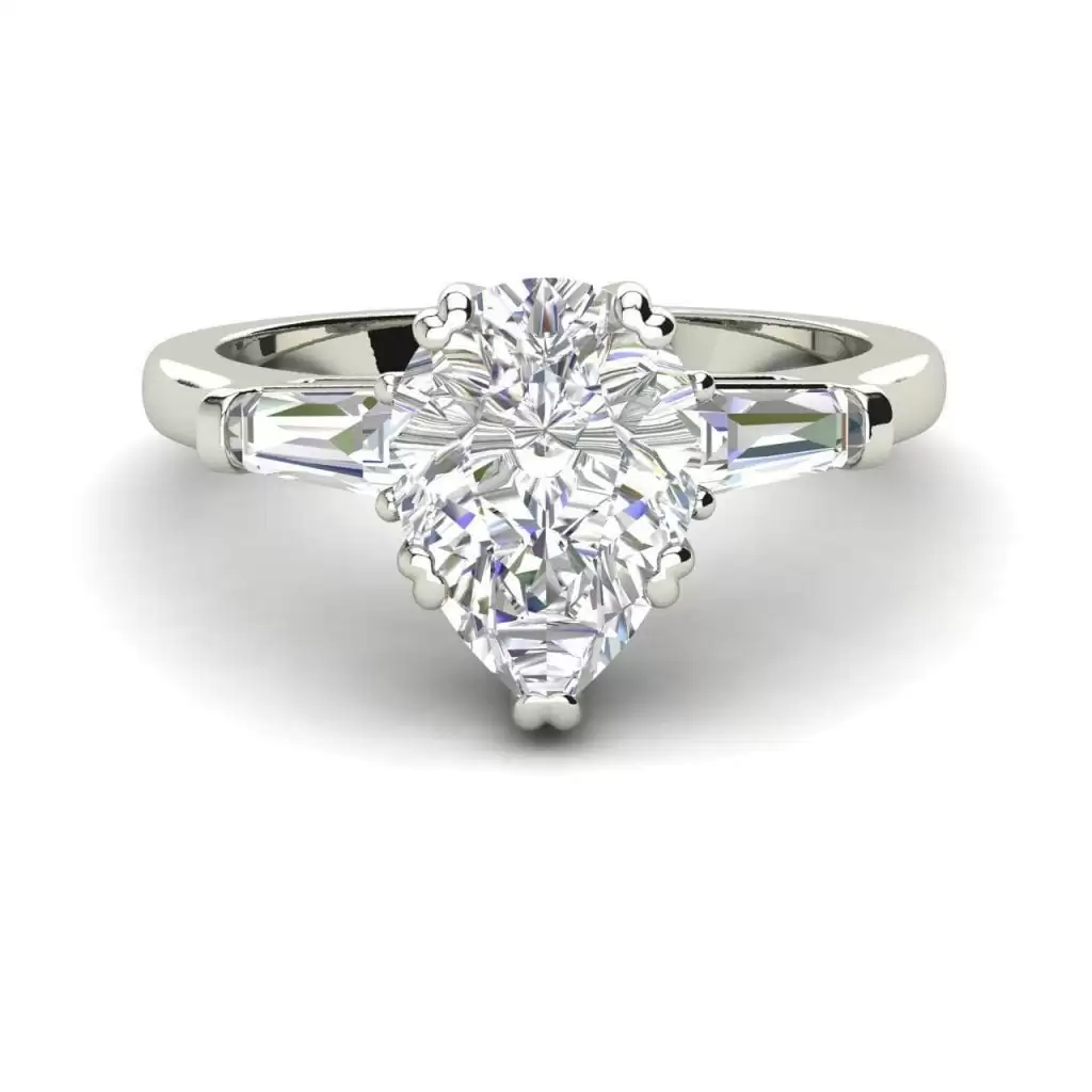 Baguette Accents 1 Ct VVS1 Clarity D Color Pear Cut Diamond Engagement Ring White Gold 3