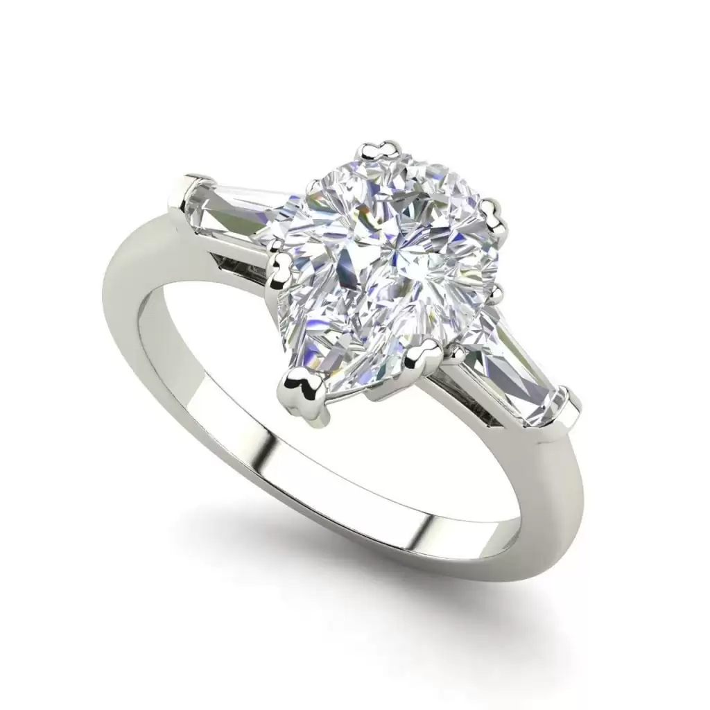 Baguette Accents 1.25 Ct VVS2 Clarity F Color Pear Cut Diamond Engagement Ring White Gold