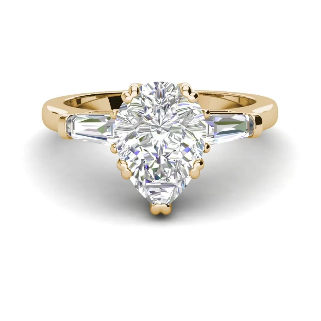 Baguette Accents 1.5 Ct VVS1 Clarity D Color Pear Cut Diamond Engagement Ring Yellow Gold 3