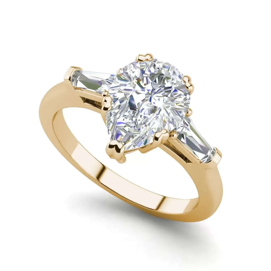 Baguette Accents 2.5 Ct VVS1 Clarity D Color Pear Cut Diamond Engagement Ring Yellow Gold